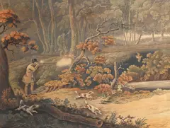 Four Shooting Scenes by Henry Alken, 'Woodcock Shooting', 'The Repast', 'Pheasant Shooting', 'The Return'; coloured etchings with aquatint, 1813, by R. Reeve, sold Feb 2016