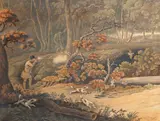 Henry Thomas Alken, Four Shooting Scenes, 'Woodcock Shooting', 'The Repast', 'Pheasant Shooting', 'The Return'; coloured etchings with aquatint, 1813, by R. Reeve