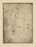 Wilhelm Lehmbruck, Junges Mädchen, Gewand fallen lassend, 1911, Kaltnadel auf Bütten