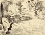Max Pechstein, Häuser am Wehr, 1936, Kreide auf Papier (aus einem Skizzenblock)