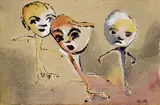 Hannah Höch, Drei Figuren, Um 1925, Aquarell und Deckweiß über Tuschfeder auf bräunlichem Papier, von der Künstlerin auf zwei weitere Papiere montiert