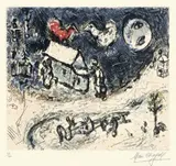 Marc Chagall, Les coqs sur le toit, 1968, Farbaquatinta und Radierung auf Velin