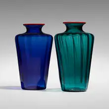 Monofiori Rigadin vases, set of two by Venini, 2001, 2002, ribbed glass with applied lip, sold Feb 2024