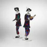 Arlecchino figures model 4290 and model 4288, set of two by Fulvio Bianconi, 1953-54, lattimo and pezzato glass, sold Feb 2024