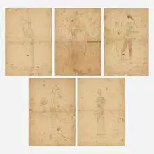 Collection of five drawings by Fulvio Bianconi, c. 1953, ink, graphite, crayon on paper, sold Feb 2024