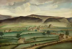 English Primitive School, 18th Century A view of Upper Mossley with Alderman's Hill in the distance, A view of the Tame Valley with Alphin Pike, Alderman's Hill and Bucton in the distance, oil on paper laid down on canvas
