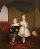 Portrait of two children with a King Charles Spaniel by British School, 19th century, oil on canvas, sold Feb 2016