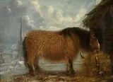 'Peggy' A pony eating hay with a church spire in the distance by English School, oil on canvas, sold Feb 2016