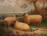 Three sheep and a bird in a landscape by E. Corbet, oil on canvas, sold Feb 2016