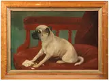 A Pug with a biscuit on a red sofa by E.S. Payne, oil on canvas, sold Feb 2016