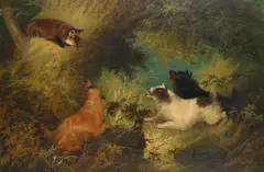Edward Armfield, Three terriers chasing a fox, oil on canvas