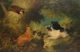 Edward Armfield, Three terriers chasing a fox, oil on canvas