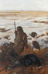 John Trickett, Waiting for Game, a huntsman with a Labrador and Spaniel