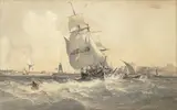 Snr. George Chambers, A hay barge and other shipping in an estuary, watercolour heightened with white