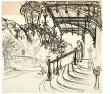 Der Eingang zum Casino von Monte Carlo (I) by Karl Hubbuch, 1929, Rohrfeder in Schwarz auf genarbtem, leichtem Karton und auf Papier (am oberen Rand vom Künstler angefügt), sold Jun 2010