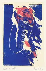 Ohne Titel by Georg Baselitz, 1970, Holzschnitt in Blau und Fingermalerei in Rot auf Papier, vom Künstler am Oberrand auf leichten Karton montiert, sold Nov 2009