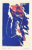 Georg Baselitz, Ohne Titel, 1970, Holzschnitt in Blau und Fingermalerei in Rot auf Papier, vom Künstler am Oberrand auf leichten Karton montiert