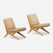 Pierre Jeanneret, Scissor chairs model 92, pair, birch, upholstery, aluminum