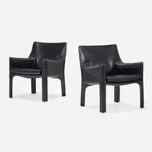 Cab lounge chairs, pair by Mario Bellini, 1976, leather over enameled steel, plastic, sold Jan 2024