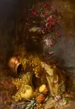 A still life with grapes and flowers tumbling out of a vase by Continental School, oil on canvas, sold Sep 2015