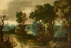 Flemish School, An extensive river landscape with a figure hunting, oil on canvas