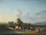 An extensive landscape with horses and figures crossing a river by Dutch School, oil on beveled mahogany panel, offered Sep 2015