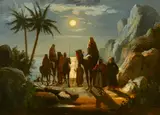 John Carlin, Arab figures gathered by the water, oil on canvas