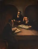 Three rabbis reading the Torah by Continental School, oil on canvas, sold Sep 2015