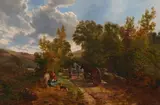 Figures and wagons on a road by Ra George Vicat Cole, oil on canvas, offered Sep 2015