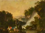 An extensive landscape with figures by a waterfall by Italian School, oil on canvas laid down on masonite, offered Sep 2015