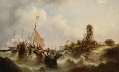William Callcott Knell, A coastal scene with figures fishing in the foreground and a frigate beyond, oil on canvas