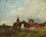 John Lewis Brown, A carriage with figures and a dog in an extensive landscape, oil on mahogany panel
