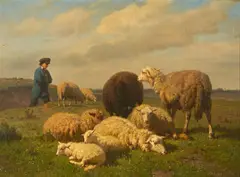 Louis Robbe, A shepherd tending his sheep, oil on mahogany panel