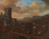 A battle scene with a castellated tower beyond by Pieter Wouwerman, oil on cradled panel, offered Sep 2015