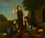 Continental School, Three children outside a church, oil on canvas