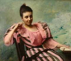 Rose Lamb, A seated woman in a striped dress, oil on canvas