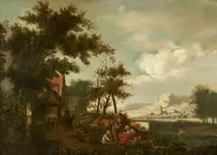 Dutch School, An extensive landscape with figures by a river, oil on canvas