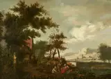 An extensive landscape with figures by a river by Dutch School, oil on canvas, sold Sep 2015