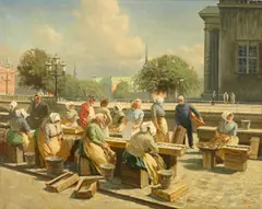 Paul Fischer, Danish fish wives on a bridge, oil on canvas