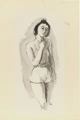 Stehendes Mädchen by Karl Hofer, Tuschfeder in Schwarz, laviert, auf Velin, sold Apr 2025