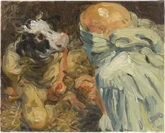 Theseus trifft den Minotaurus by Johannes Grützke, 2004, Öl auf Leinwand, sold Apr 2025