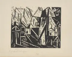 Dorf by Lyonel Feininger, 1919, Holzschnitt auf Seidenpapier, sold Jul 2025
