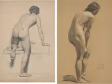 Max Pietschmann, Zwei Aktstudien: Nach vorne geneigter, männlicher Rückenakt / Stehender, weiblicher Akt nach vorne geneigt. 1884 / 1911, Bleistift auf Velin / Kreide, weiß gehöht, auf bräunlichem Bütten