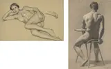 Max Pietschmann, Zwei Aktstudien: Sitzender männlicher Rückenakt / Weiblicher, liegender Akt. 1884 / 1921, Kohle und Graphit auf Velin / Kohle, weiß gehöht, auf gelblichem Ingres-Bütten