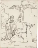 Signy schützt ihren Mann Loki vor dem Schlangengift by Bonaventura Genelli, Feder in Braun auf Papier, sold Jun 2025