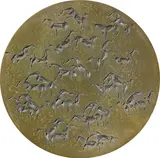 Fritz Koenig, Stuterei, 1971, Bronzemedaille (Negativform) mit goldbrauner Patina. Durchmesser: 11,5 cm (4 ½ in.)