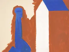 Blaue, knieende Figur, Haus mit weißem Giebel by Horst Antes, 1987, Gouache und Deckweiß auf festem cremefarbenem Velin, sold Jan 2026