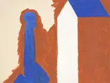 Horst Antes, Blaue, knieende Figur, Haus mit weißem Giebel, 1987, Gouache und Deckweiß auf festem cremefarbenem Velin