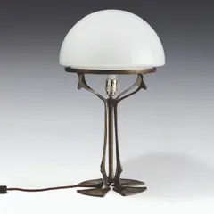 Peter Behrens, Table lamp, bronze patinated, colourless glass, white overlay; electrified