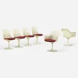 Tulip chairs models 150 and 151, set of six by Eero Saarinen, 1956, lacquered fiberglass, enameled aluminum, upholstery, sold Jan 2024